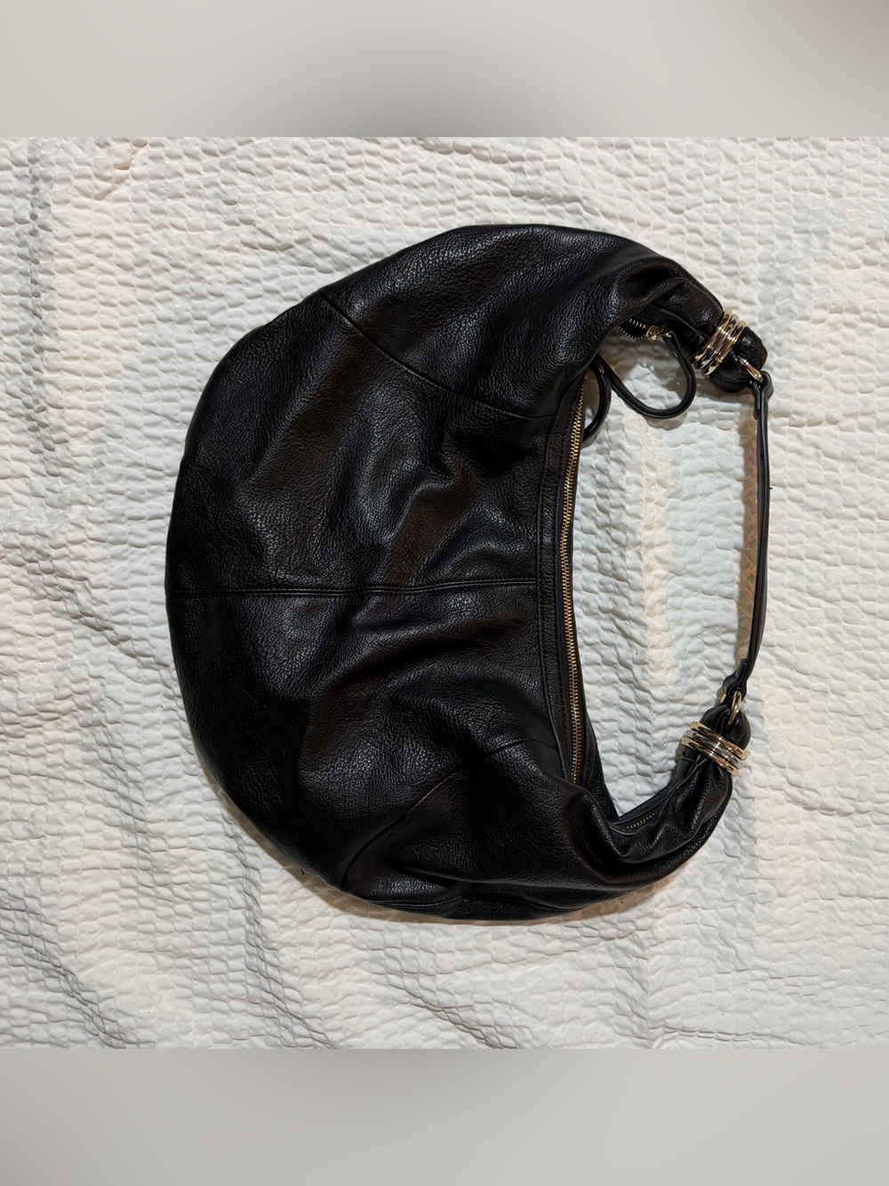 Black Leather Hobo Shoulder Bag with Gold Hardware